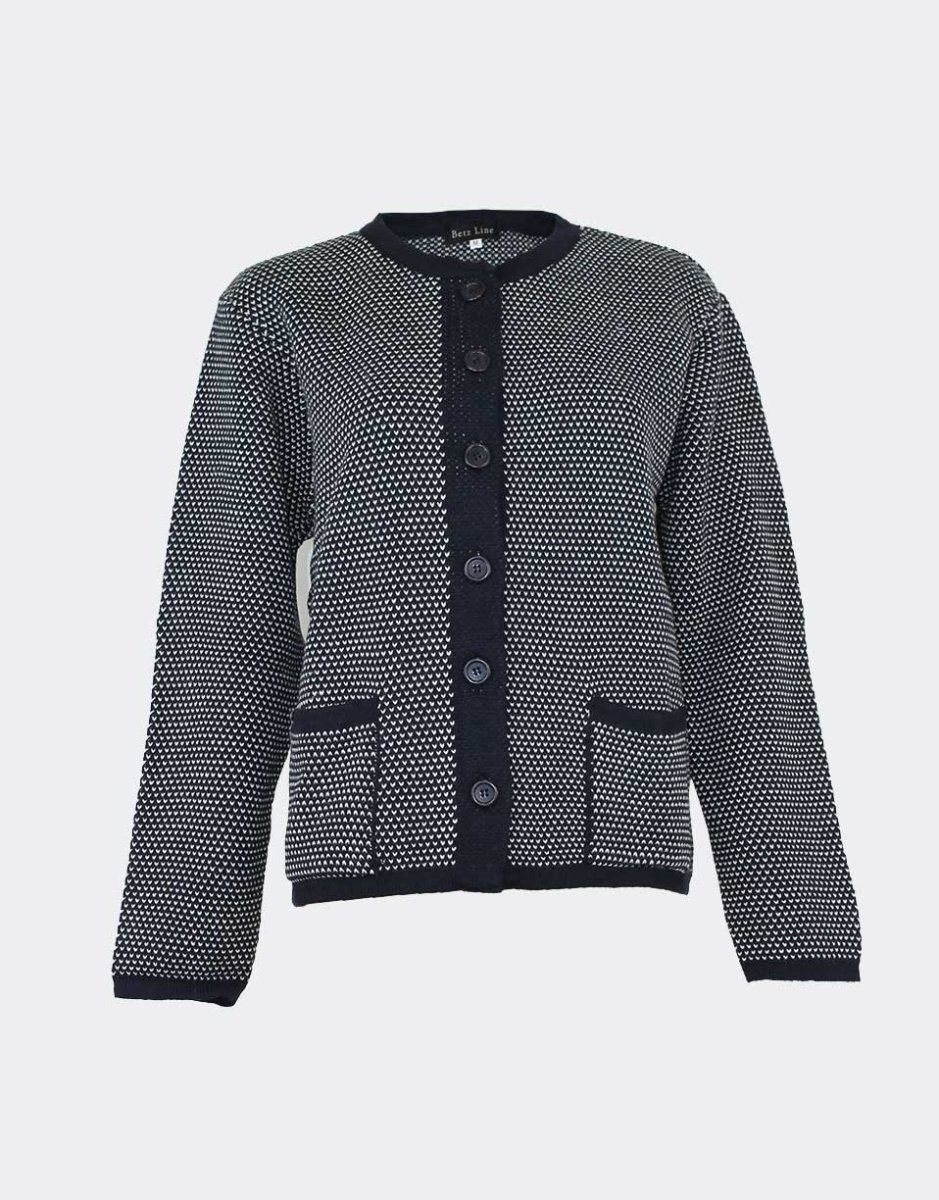 Chaqueta mujer punto cuello redondo con botones y bolsillos bicolor marino y blanco
