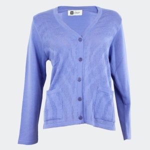 Chaqueta punto mujer cuello pico con dibujo calado en el delantero y bolsillos