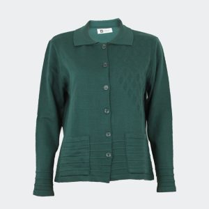Chaqueta mujer punto con cuello y bolsillos, estampado relieve con detalle de rombitos y listas