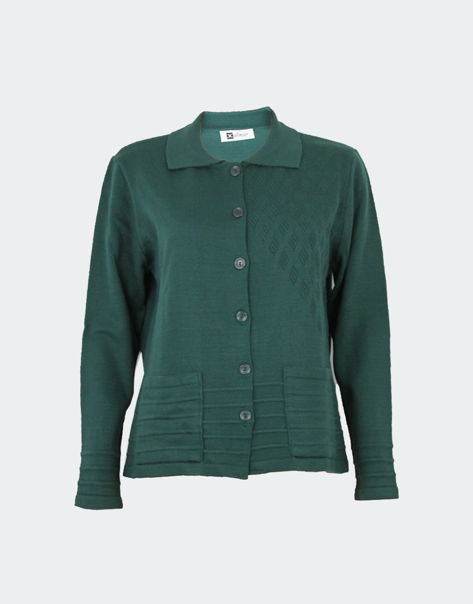 Chaqueta mujer punto con cuello y bolsillos, estampado relieve con detalle de rombitos y listas