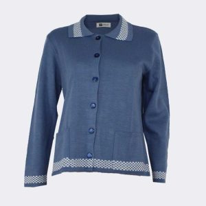 Chaqueta mujer punto con cuello botones y bolsillos, detalle cuadraditos en cuello y bajo