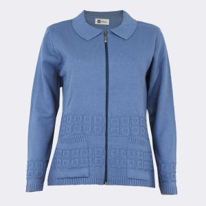 Chaqueta mujer punto con cuello, cremallera y bolsillos con detalle cuadro en relieves