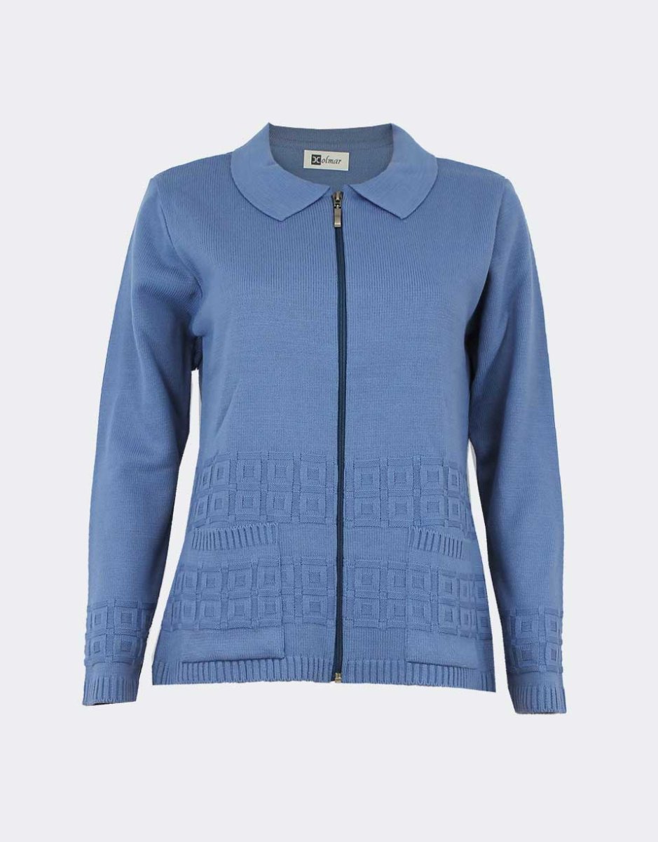 Chaqueta mujer punto con cuello, cremallera y bolsillos con detalle cuadro en relieves - Imagen 2