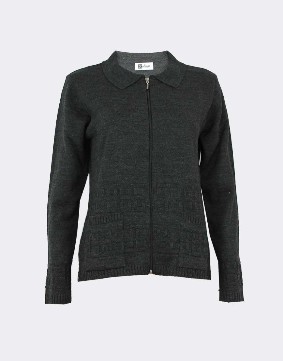 Chaqueta mujer punto con cuello, cremallera y bolsillos con detalle cuadro en relieves - Imagen 5