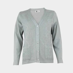 Chaqueta mujer punto VERANO escote pico, bolsillos delantero con relieve