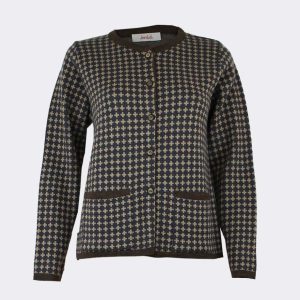 Chaqueta mujer punto cuello redondo, botones y bolsillo, estampado cuadrícula con crucecitas