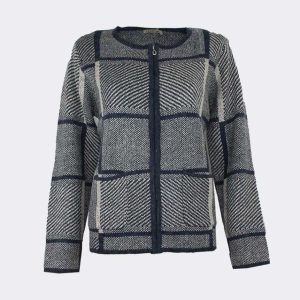 Chaqueta mujer punto escote redondo con cremallera y bolsillos, a cuadros