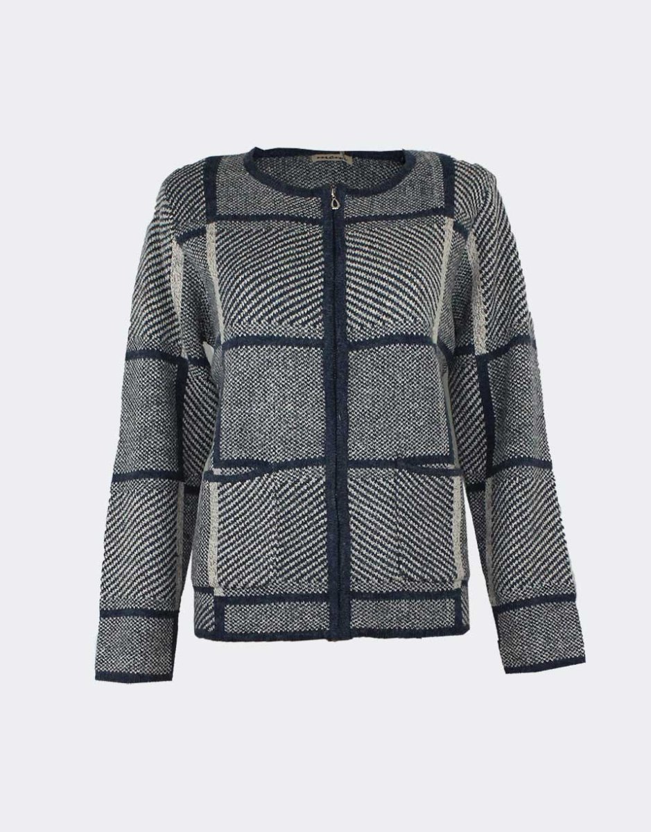 Chaqueta mujer punto escote redondo con cremallera y bolsillos, a cuadros