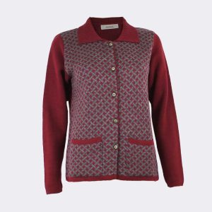 Chaqueta mujer punto con cuello, botones y bolsillos, estampado trama entrelazada