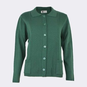 Chaqueta mujer punto con cuello botones y bolsillo en relieve espiga y trencitas