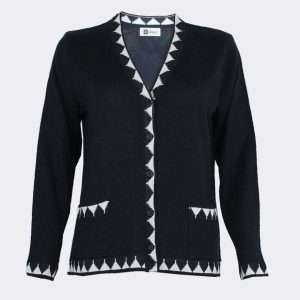 Chaqueta mujer punto VERANO escote pico, bolsillos con detalle triangulos blancos