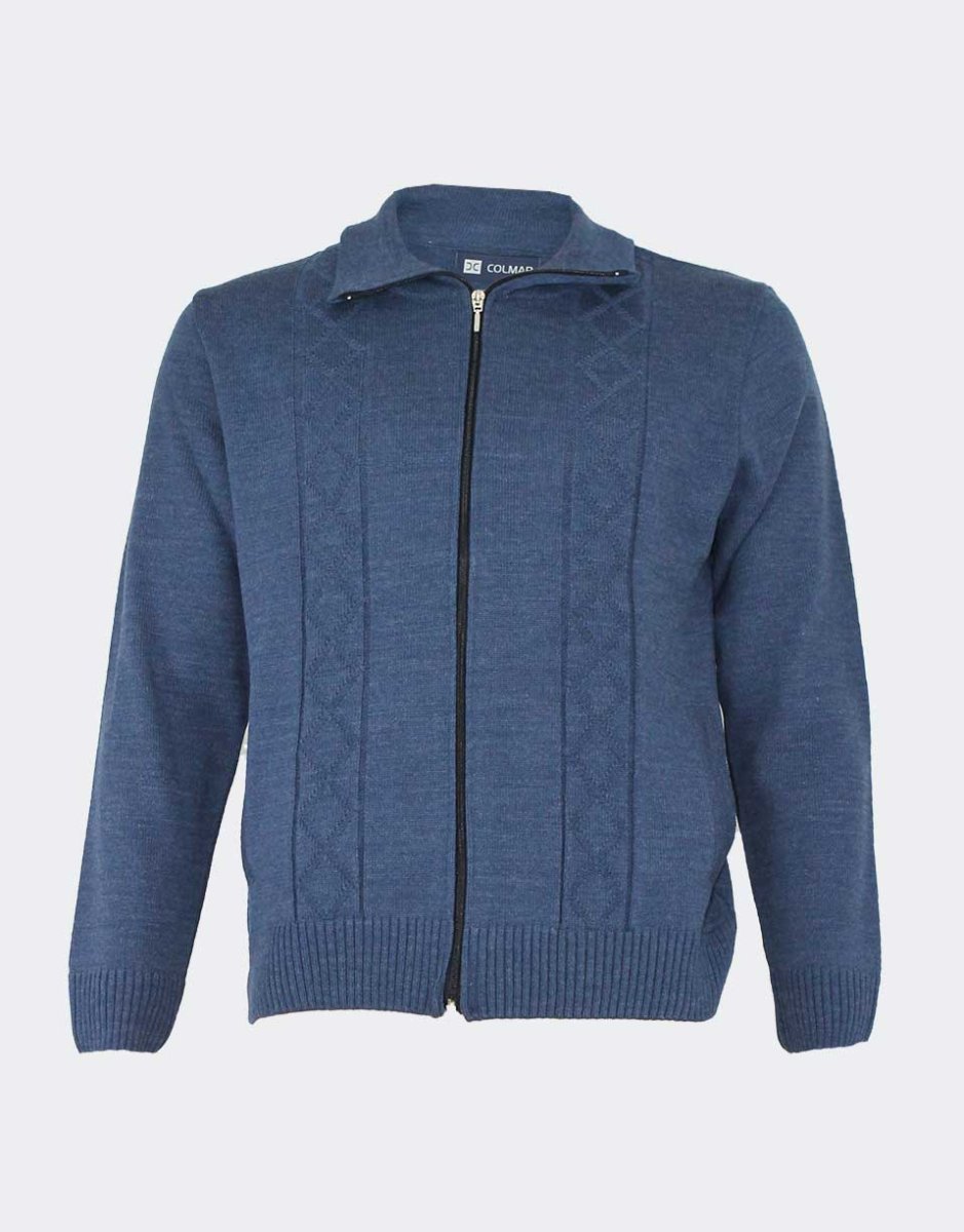 Chaqueta hombre punto con cremallera, cuello vuelto y bolsillos, relieve rombos horizontales
