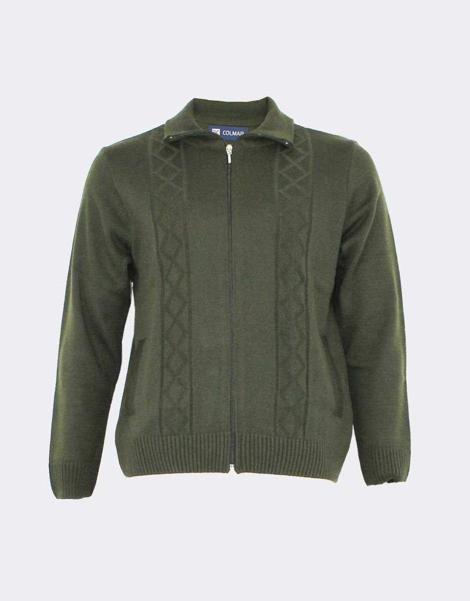 Chaqueta hombre punto con cremallera, cuello vuelto y bolsillos, relieve rombos horizontales - Imagen 3