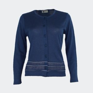 Chaqueta mujer punto fino cuello redondo con botones, detalle calado y rallita en el bajo. VERANO