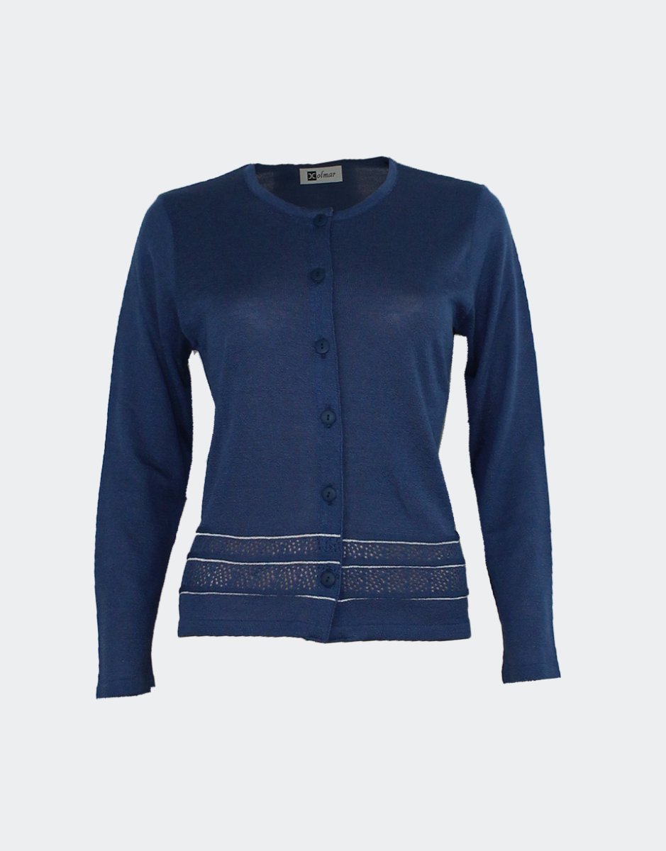 Chaqueta mujer punto fino cuello redondo con botones, detalle calado y rallita en el bajo. VERANO - Imagen 2