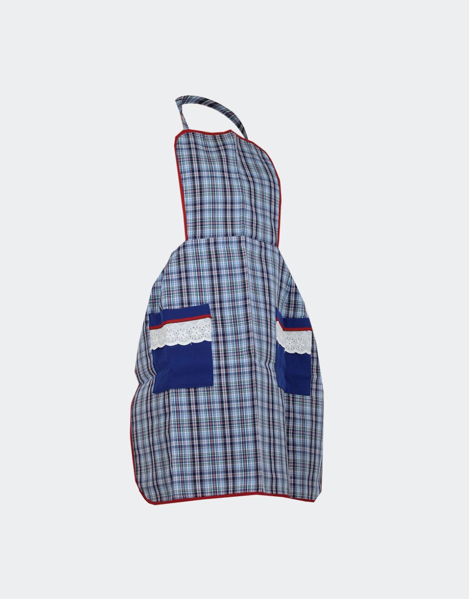 Delantal cuadros azul verde marino rojo con bolsillo con detalle