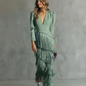 Vestido midi elegante con mangas de flecos - Alessia