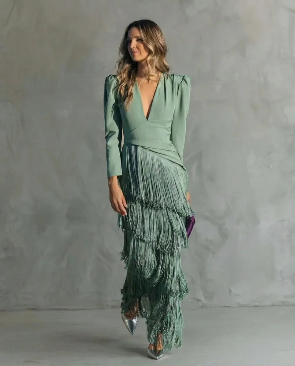 Vestido midi elegante con mangas de flecos - Alessia - Imagen 2