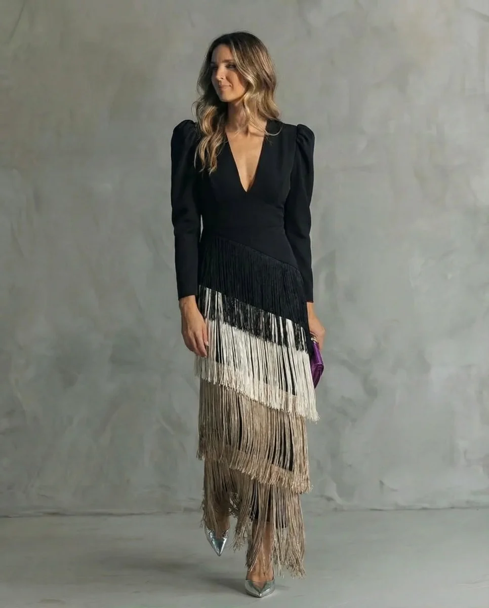 Vestido midi elegante con mangas de flecos - Alessia - Imagen 5