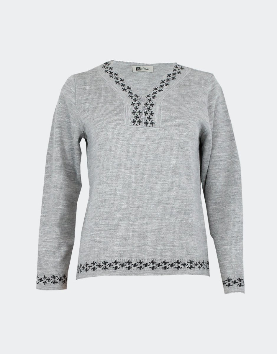 Jersey mujer punto cuello pico con botones adorno con pequeña muestra de ‘estrellas’ en cuello, bajo cuerpo y bajo mangas - Imagen 5