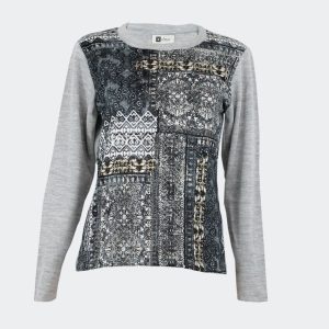 Jersey mujer punto cuello redondo estampado grises, negros beiges