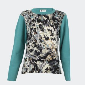 Jersey mujer cuello redondo estampado abstracto en pinceladas en negro beig crudo en delantero
