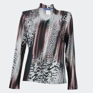 Camiseta mujer punto fino cuello pico un poco subido de detrás en estampado ‘animal print’ abstracto