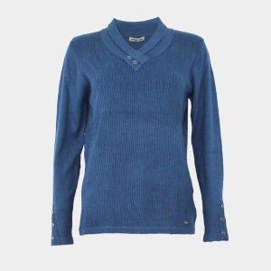 Jersey de mujer de punto cuello solapa pico con adorno botones con relieve canalé desigual