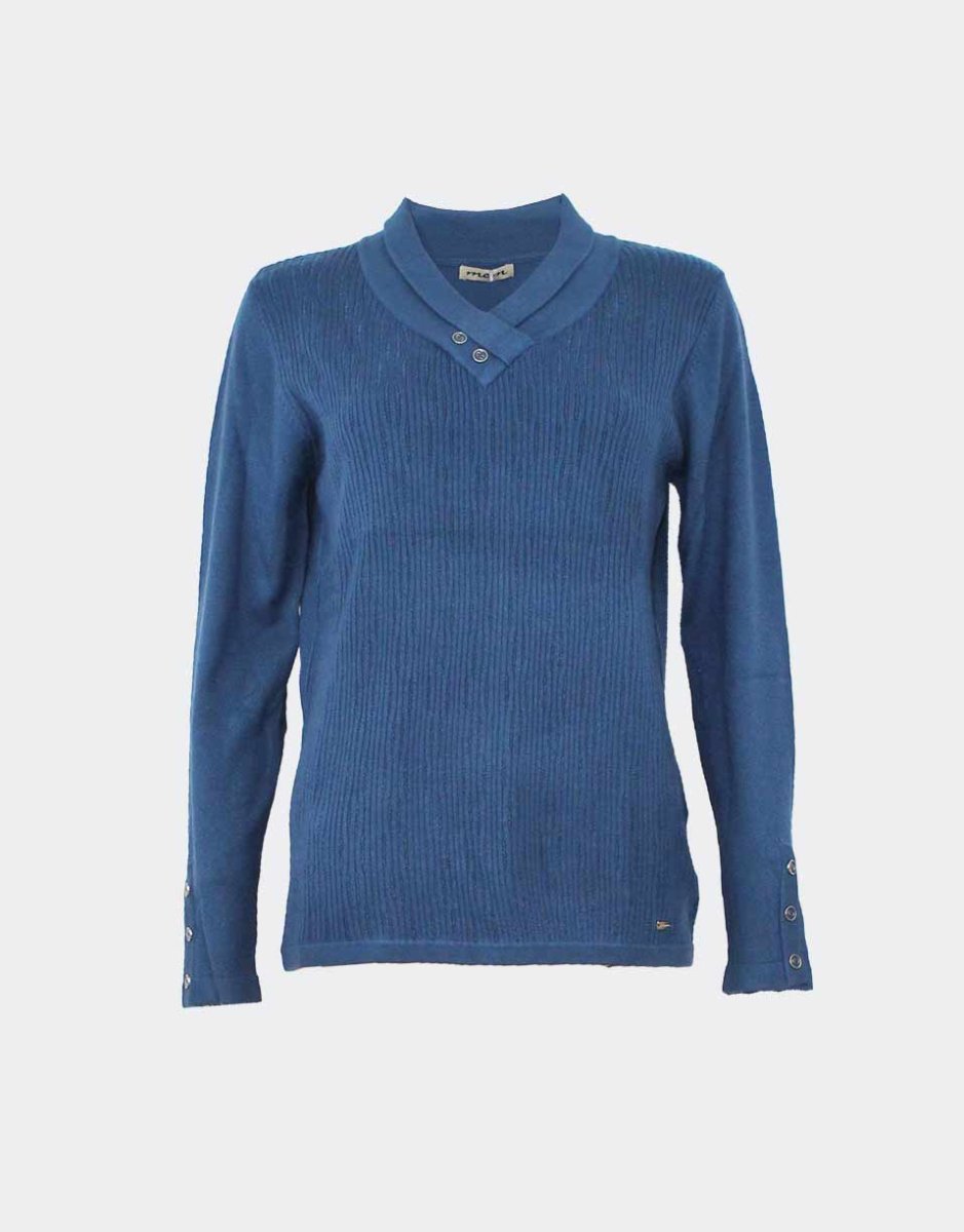 Jersey de mujer de punto cuello solapa pico con adorno botones con relieve canalé desigual