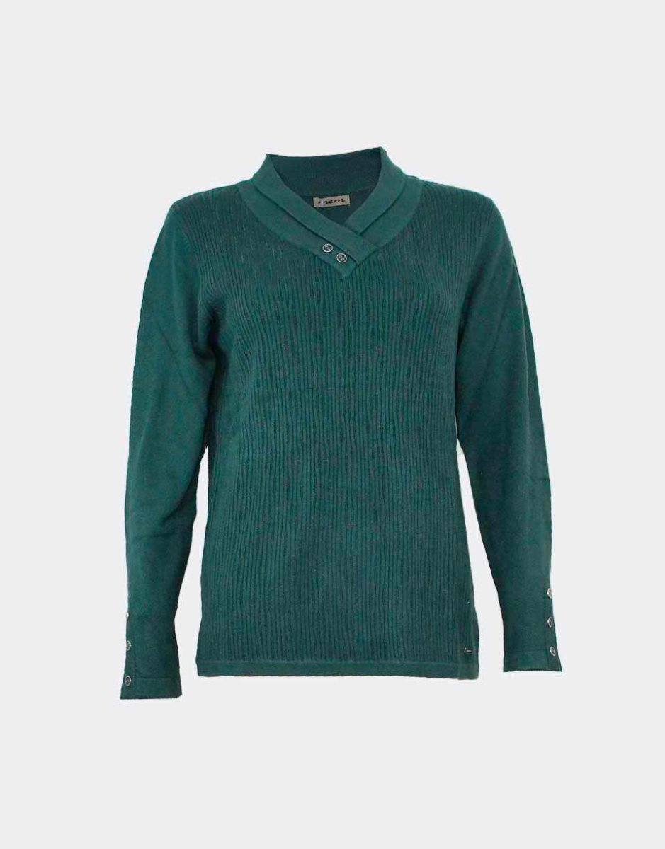 Jersey de mujer de punto cuello solapa pico con adorno botones con relieve canalé desigual - Imagen 3