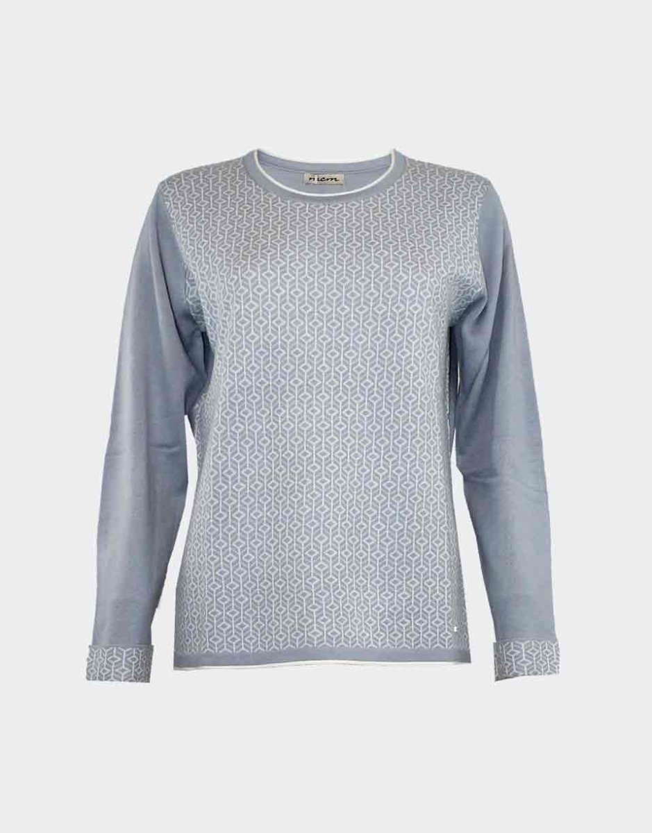 Jersey de mujer punto cuello redondo con detalle ribete y estampado geométrico