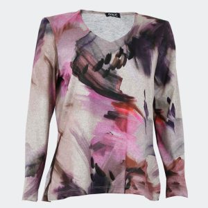 Camiseta mujer punto fino cuello pico pincelandas grandes