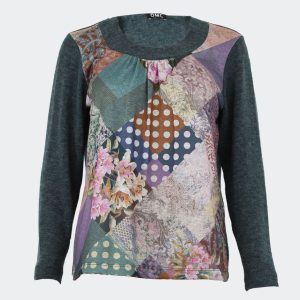 Camiseta mujer punto fino cuello redondo con fruncido, verde con estampado flores delante
