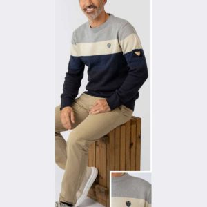 Jersey de hombre punto algodón PRIVATA a franjas claras y bajo azul marino