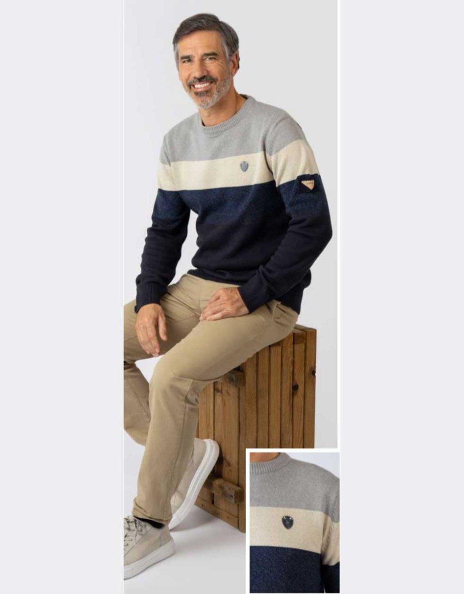 Jersey de hombre punto algodón PRIVATA a franjas claras y bajo azul marino - Imagen 2
