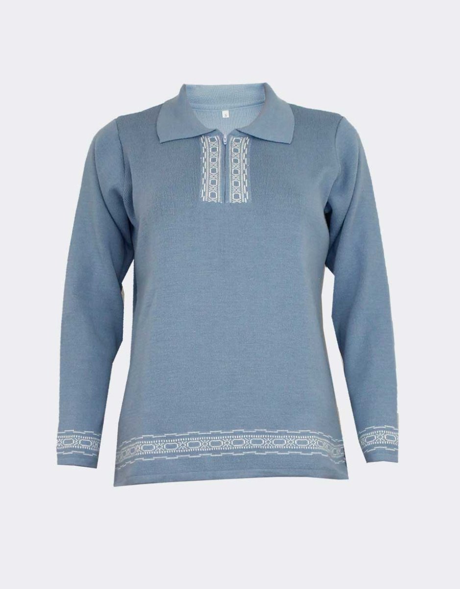 Polo punto mujer INVIERNO con abertura cremallera, detalle cenefa en cuello, manga y cintura
