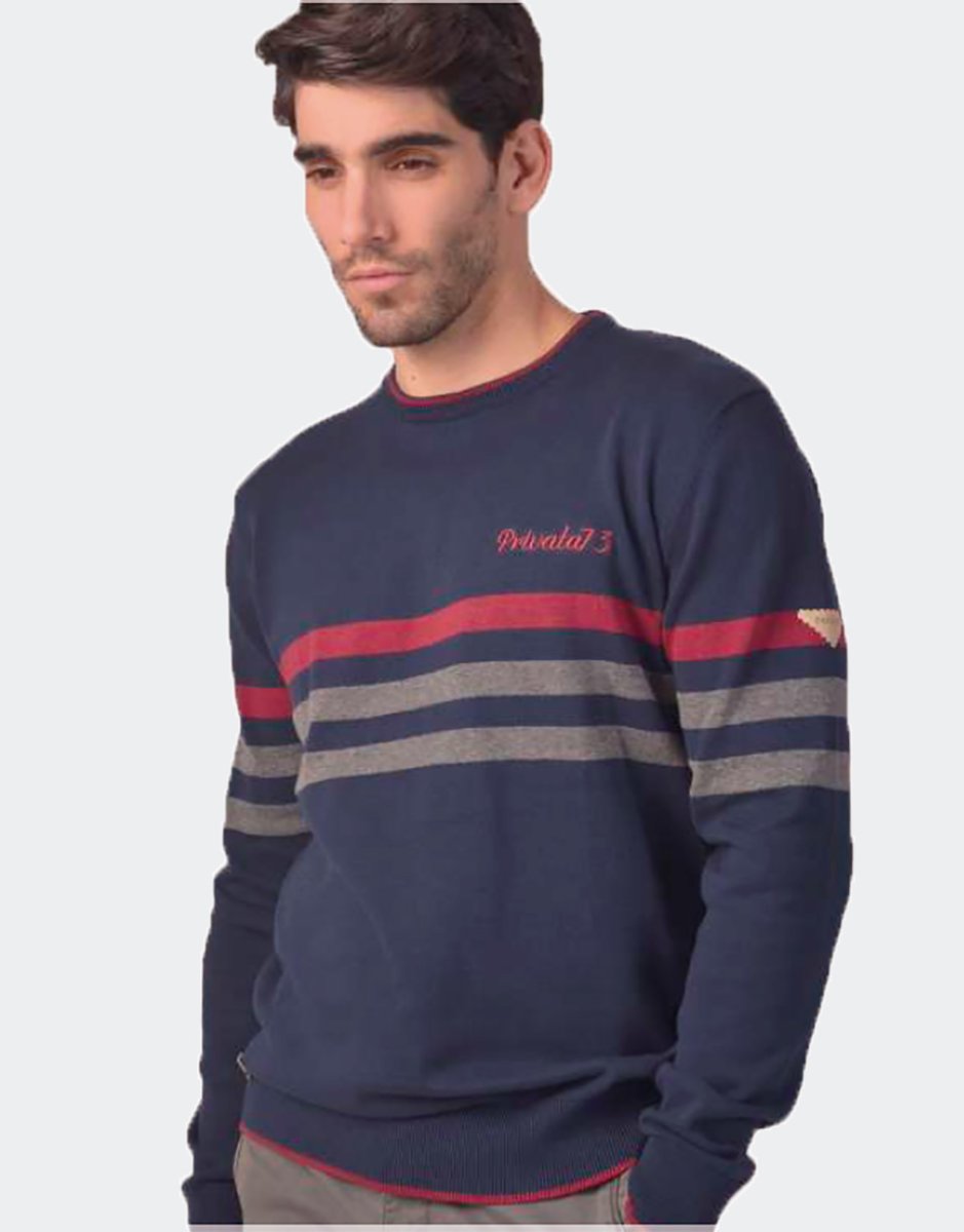Jersey hombre Privata punto algodón cuello redondo, azul marino con 3 rayas en la parte del pecho - Imagen 2