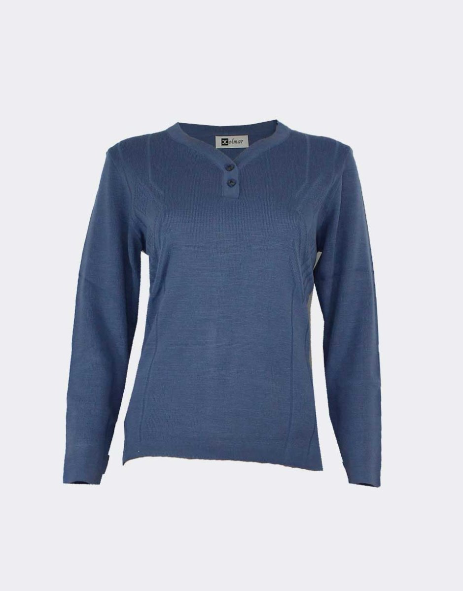 Jersey mujer punto cuello lágrima, relieve lateral en rombos y espiga