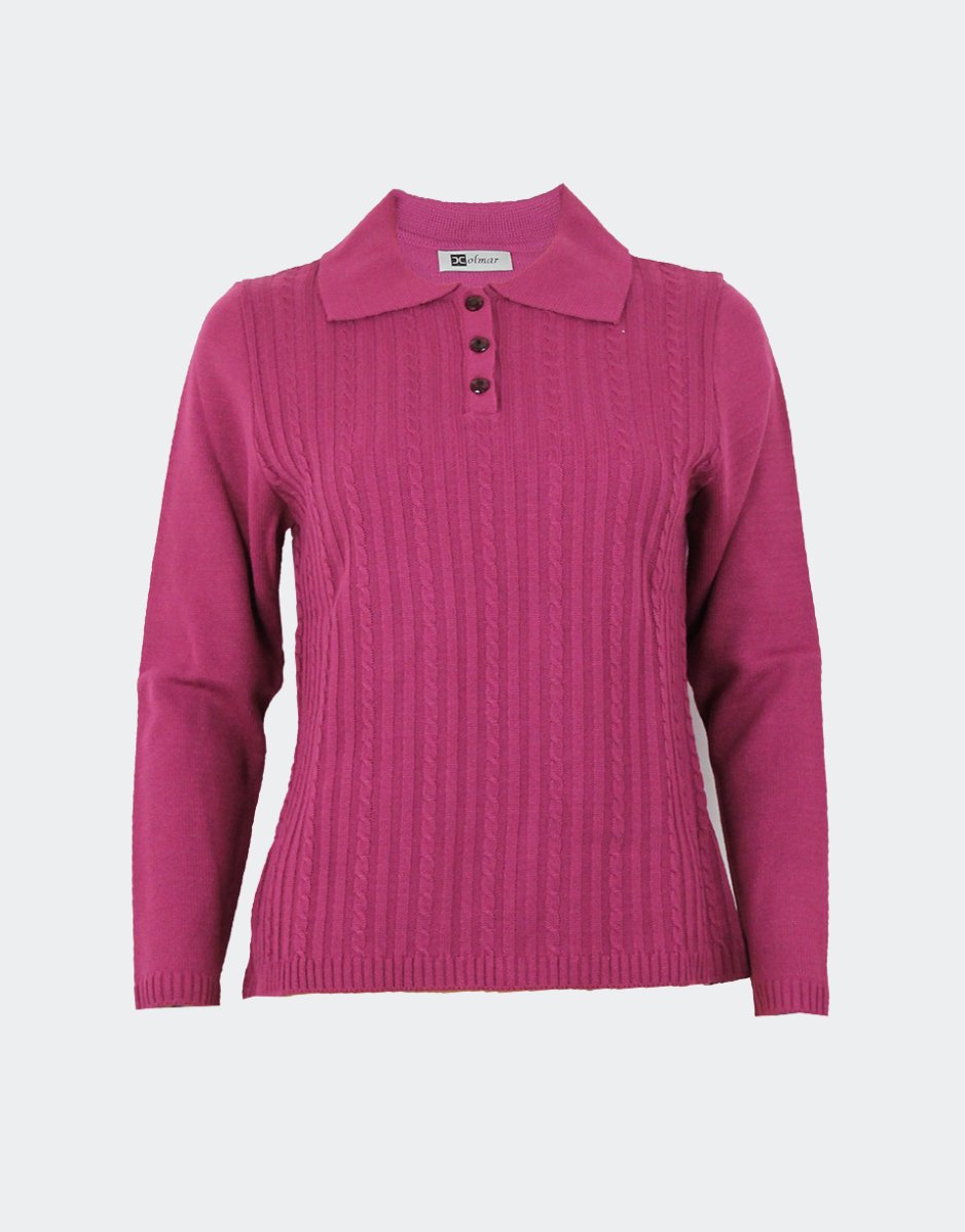 Jersey polo mujer punto cuello 3 botones con trencitas en vertical en relieve - Imagen 3