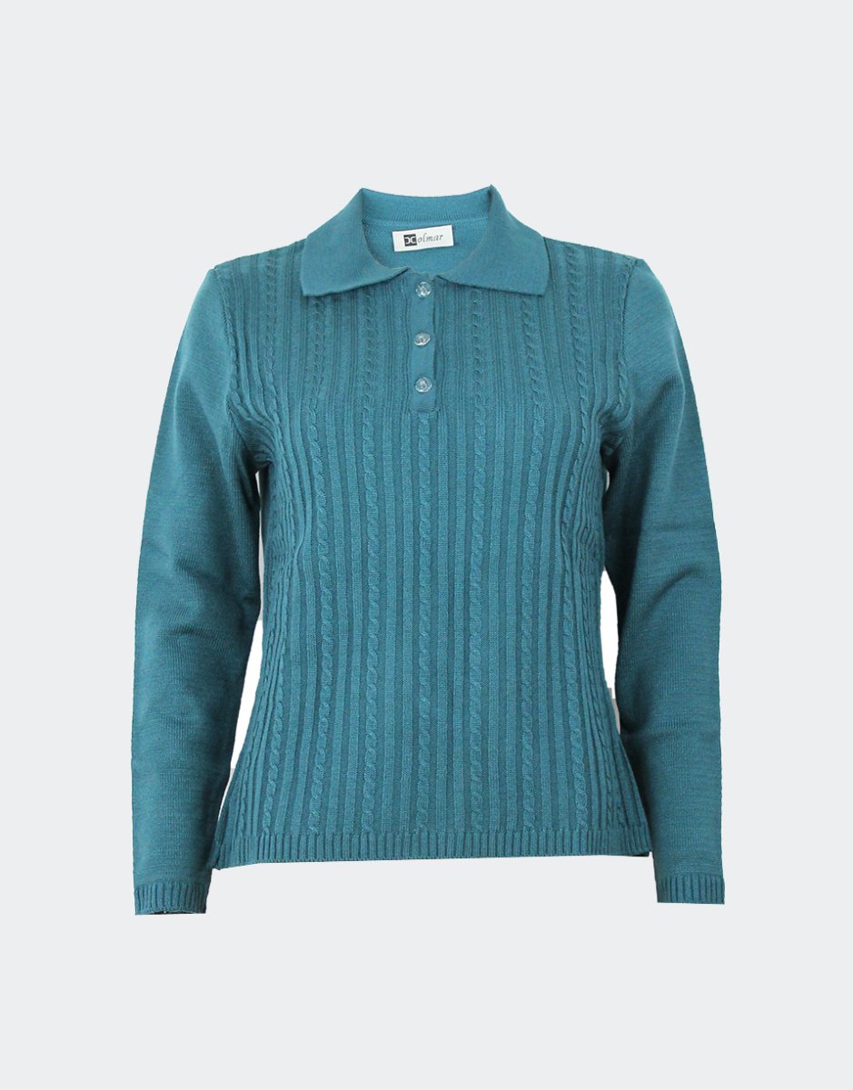 Jersey polo mujer punto cuello 3 botones con trencitas en vertical en relieve