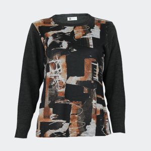 Jersey mujer punto cuello redondo delantero estampado en gises y marrones