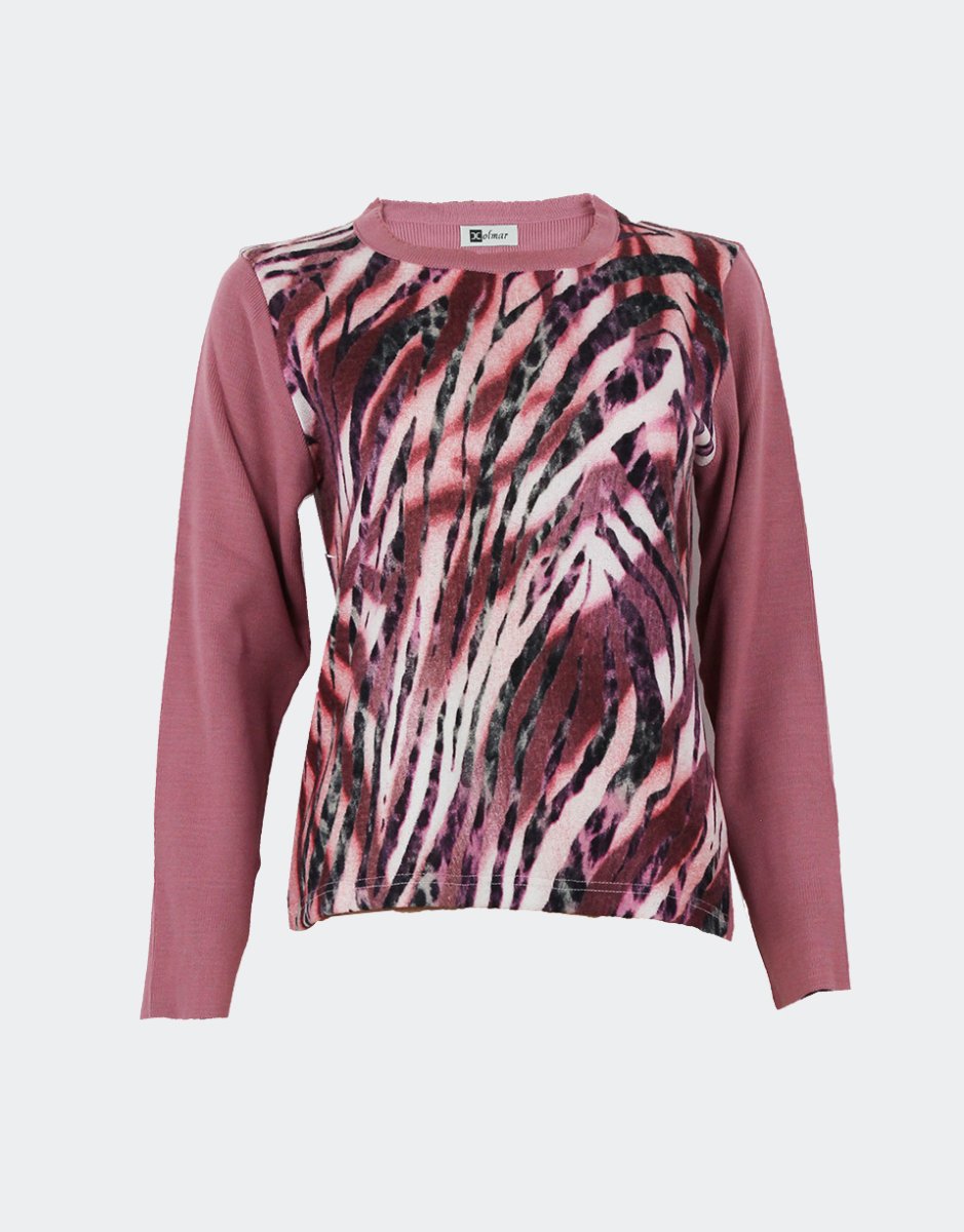 Jersey mujer punto cuello redondo delantero estampado en rosado - Imagen 2