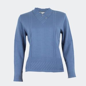 Jersey mujer punto cuello pico con detalle de dos botones con trenzas en lateral y cenefa abajo en relieve