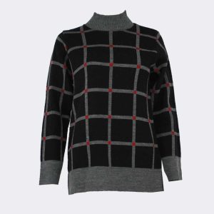Jersey mujer punto cuello subido canalé, cuadros grises y negro con detalle rojo