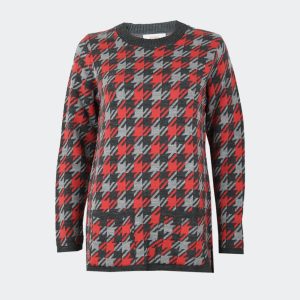 Jersey mujer punto cuello redondo con bolsillos, estampado ‘pata de gallo’