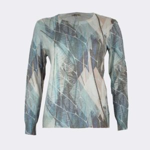Jersey mujer punto fino cuello redondo estampado abstracto a tonos fríos y tierra