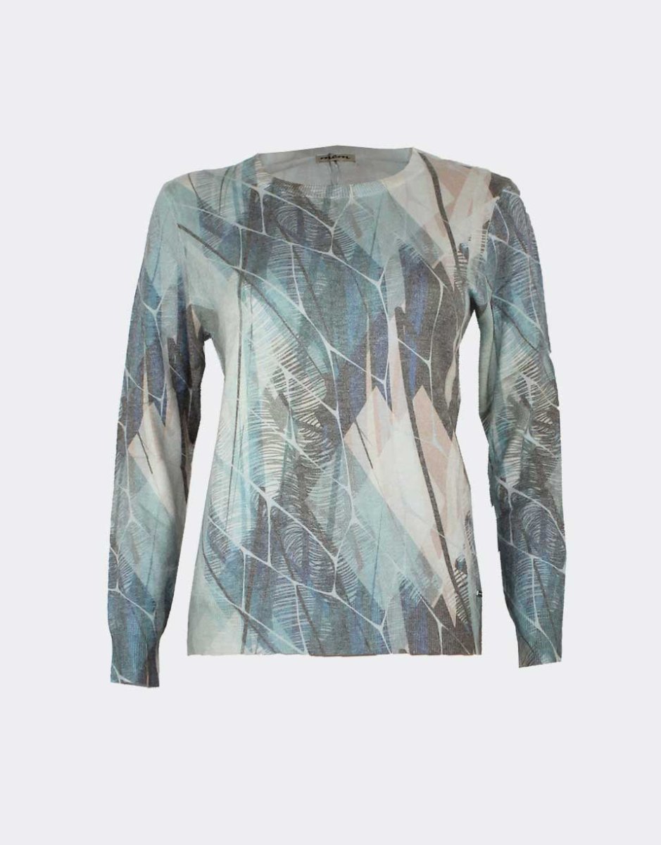 Jersey mujer punto fino cuello redondo estampado abstracto a tonos fríos y tierra