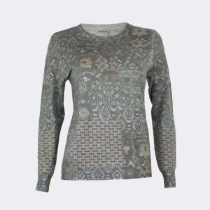 Jersey mujer punto fino cuello redondo, estampado abstracto a tonos tierra con detalles en brillantitos
