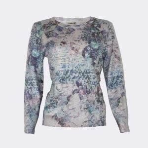 Jersey mujer fino cuello redondo estampado abstracto rosados, violetas y azulados con acabado apurpurinado