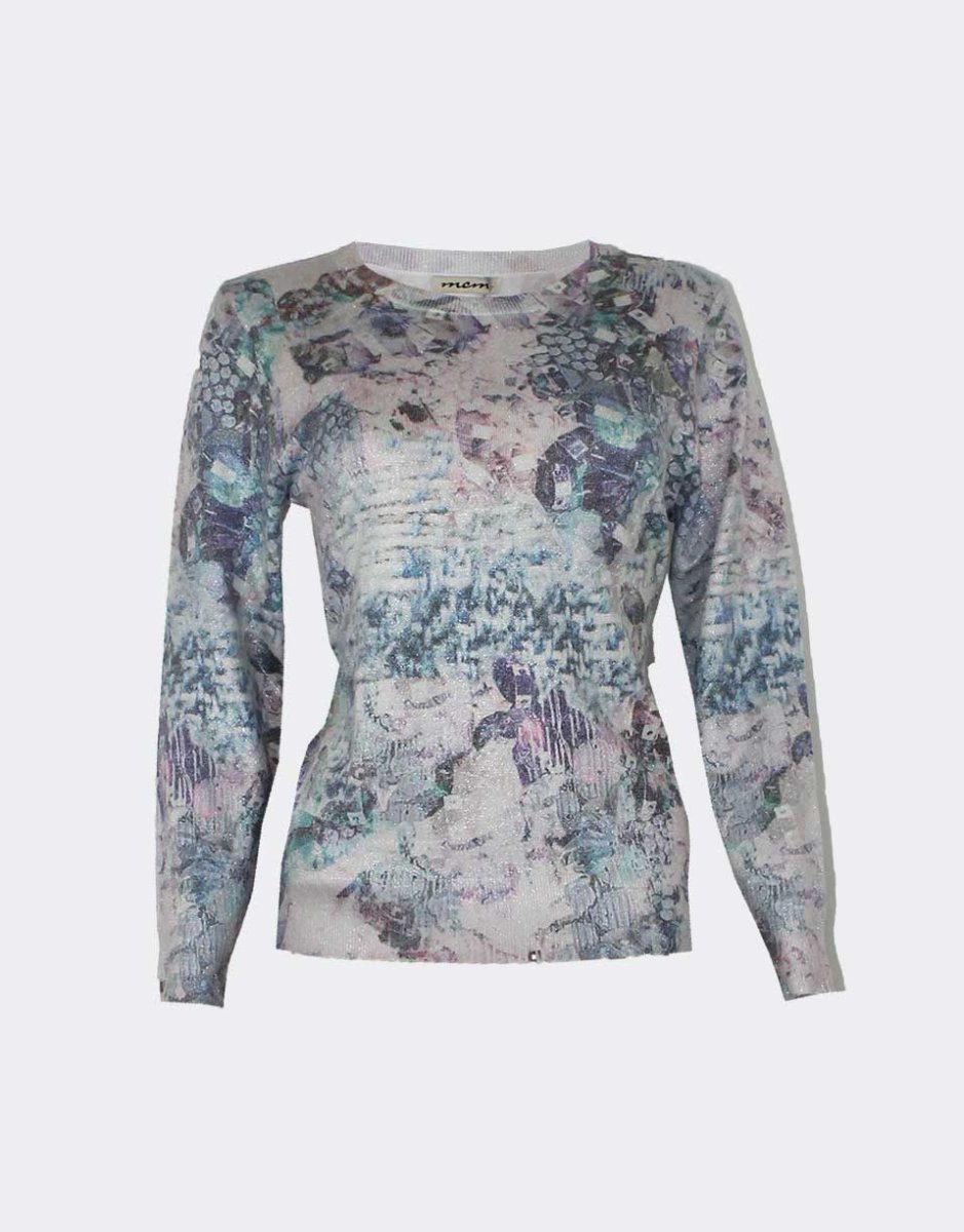 Jersey mujer fino cuello redondo estampado abstracto rosados, violetas y azulados con acabado apurpurinado - Imagen 2